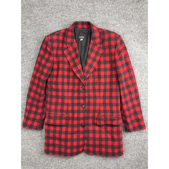 KORS Blazer Womens 6 Red Black Buffalo Check Wool Angora Made in Italy 3 Button - Picture 1 of 9